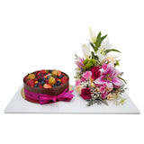 Mix Flowers with Pistachio Crumble Cake Gift Hamper  سلة هدايا منوعة من الزهور مع كعكة الفستق المفتتة