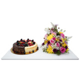 Mix Flowers with Berry Cake Choco and Vanilla Gift Hamper سلة هدايا مكونة من زهور مع كعكة التوت والشوكولاتة والفانيليا