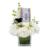 Glass Vase with White Flowers & Money Box Gift Hamper مزهرية زجاجية بها زهور بيضاء وسلة هدايا لصندوق المال