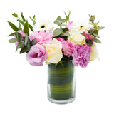 Pink & White Flowers with Gift and Glass Vase Hamper زهور وردية وبيضاء مع هدية ومزهرية زجاجية