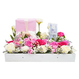 Pink Flowers with Gift and Money Box Hamper  زهور وردية مع سلة هدايا وصندوق نقود